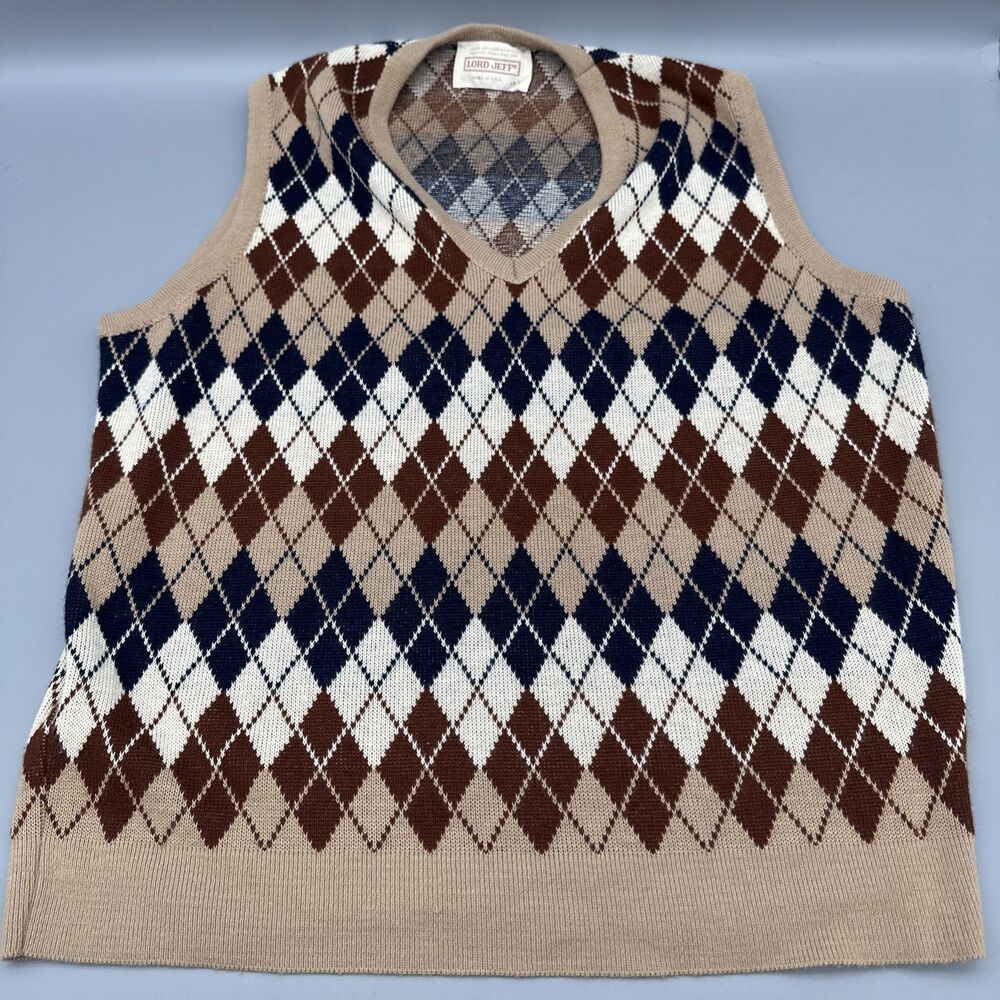 Vtg Lord Jeff Argyle Golf Vest Men’s L USA Preppy Grandpacore Orlon Acrylic 80s